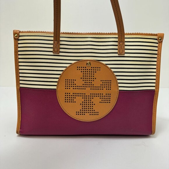 Tory Burch Viva Perforated Logo Colorblock Leather Tote Black White Burgundy - Picture 5 of 7